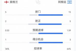 阿根廷2-1英格兰全场数据：阿根廷全面领先，15射5正；控球超60%